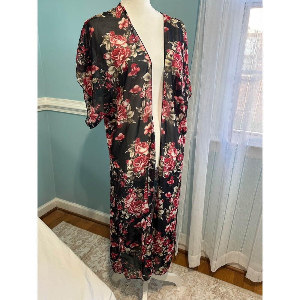 Vivace Floral Maxi Kimono Duster Sheer Black Red Rose Open Front Swim Cover Up L